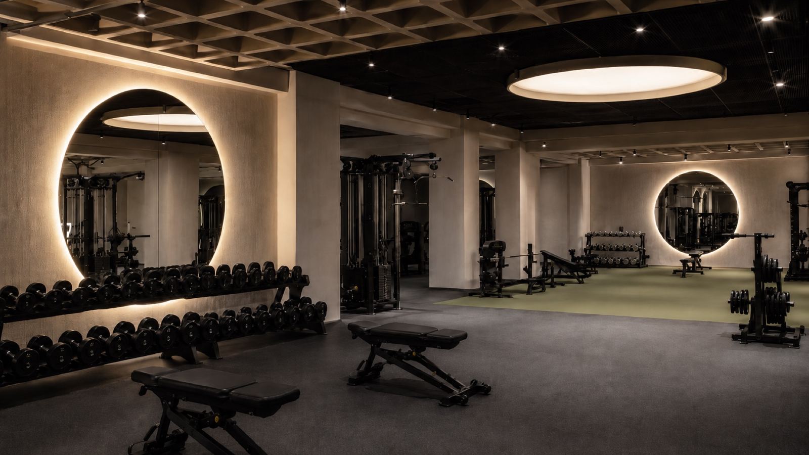 Gym floor with weights and training equipment