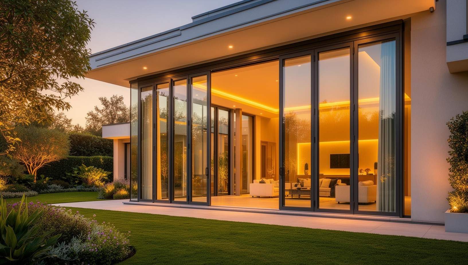 Glazed garden room lit at dusk, by LINX Glass